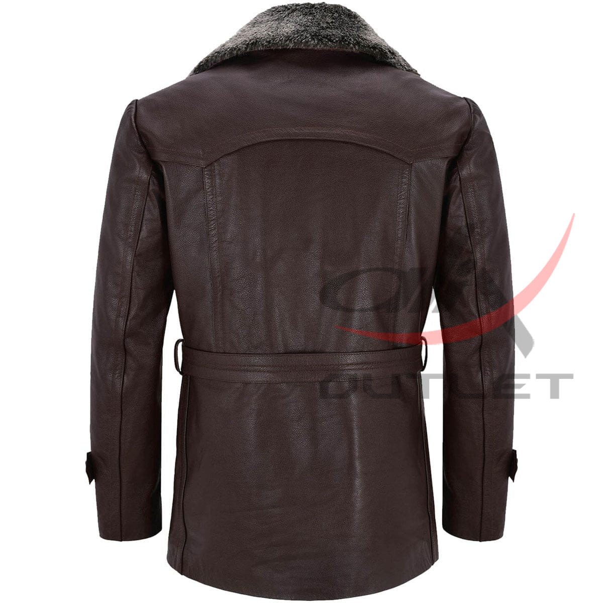 Real Leather Brown Peacoat Fur Collar image 1