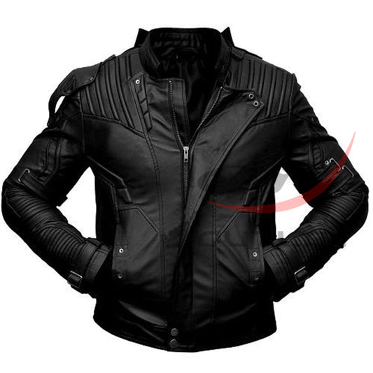 Men's Biker Leather Jacket Short Collar Black image 0
