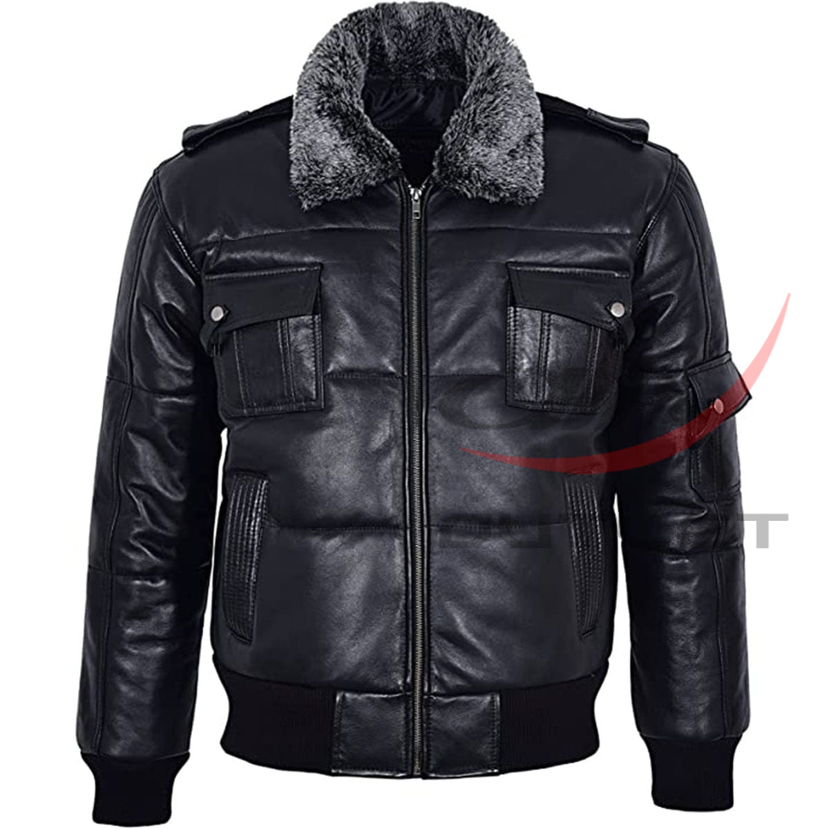 Leather Bomber Jacket Fur Collar image 0