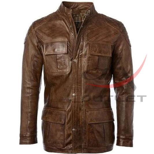 Cafe Racer Leather Coat Long Hip Length Four Pocket image 0