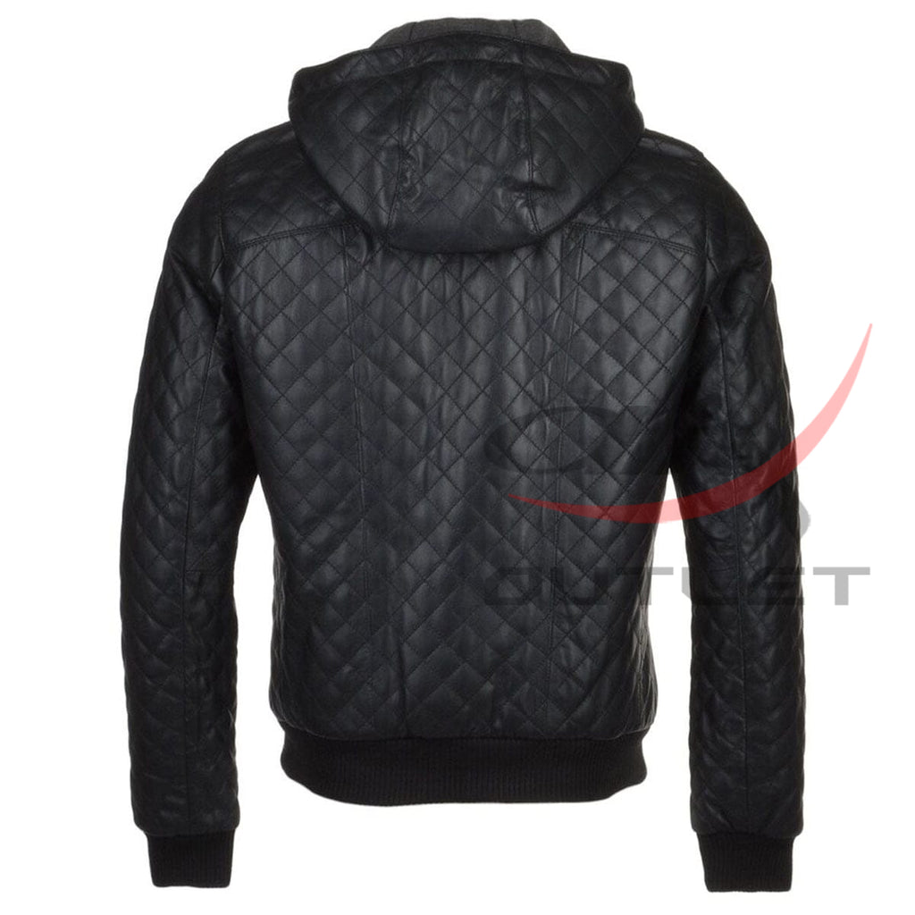 Black Real Leather Bomber Jacket Quilted Detachable Hooded image 1