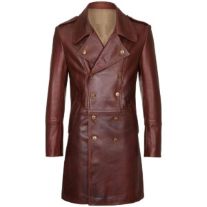 Real Sheepskin Leather Coat Military Style Dark Brown