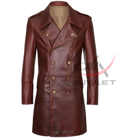 Real Sheepskin Leather Coat Military Style Dark Brown