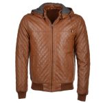 Brown Quilted Bomber Jacket Real Leather Detachable Hooded