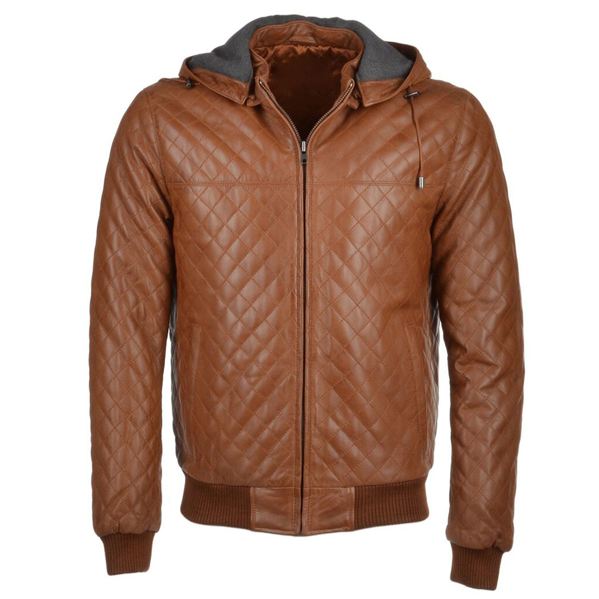 10 (1) Brown Quilted Bomber Jacket Real Leather Detachable Hooded - Image 1