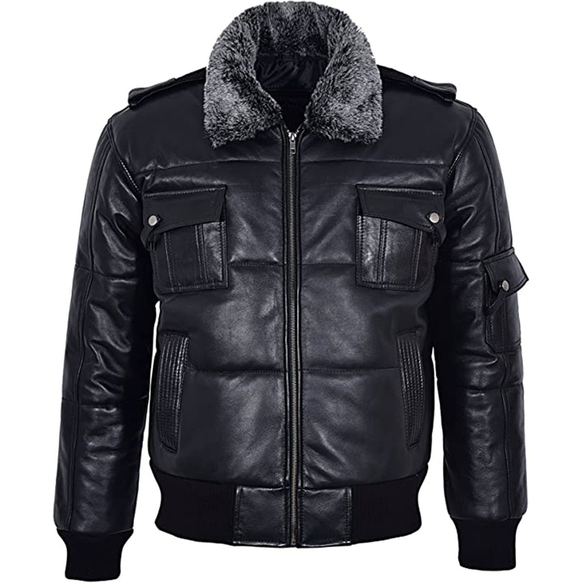 11 (1) Leather Bomber Jacket Fur Collar - Image 1