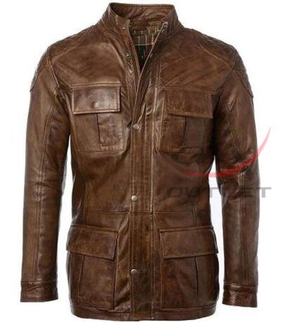 Cafe Racer Leather Coat Long Hip Length Four Pocket