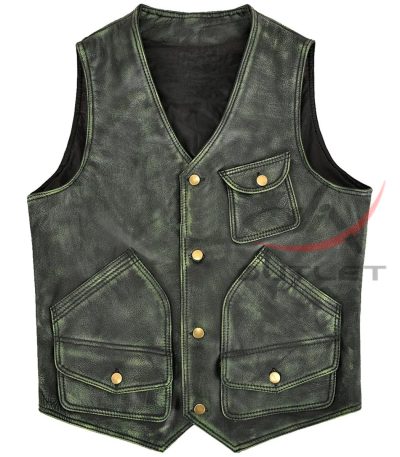 Leather Hunter Vest Distressed Green