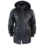 Genuine Leather Duffle Coat Detachable Hooded 3/4 Long Black