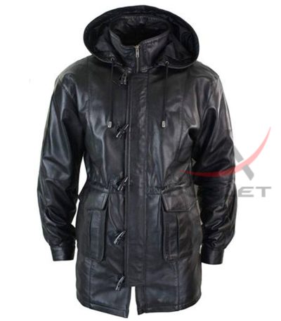 Genuine Leather Duffle Coat Detachable Hooded 3/4 Long Black