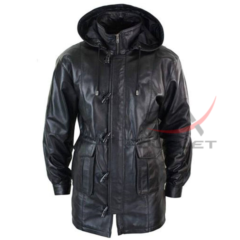 Genuine Leather Duffle Coat Detachable Hooded 3/4 Long Black
