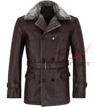Real Leather Brown Peacoat Fur Collar