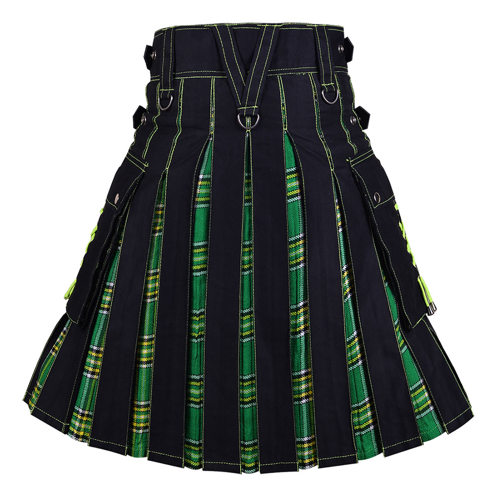 Black inner Irish Tartan Hybrid Kilt with laces (1) Hybrid Utility Kilt Black Cotton & Irish Heritage - Image 1