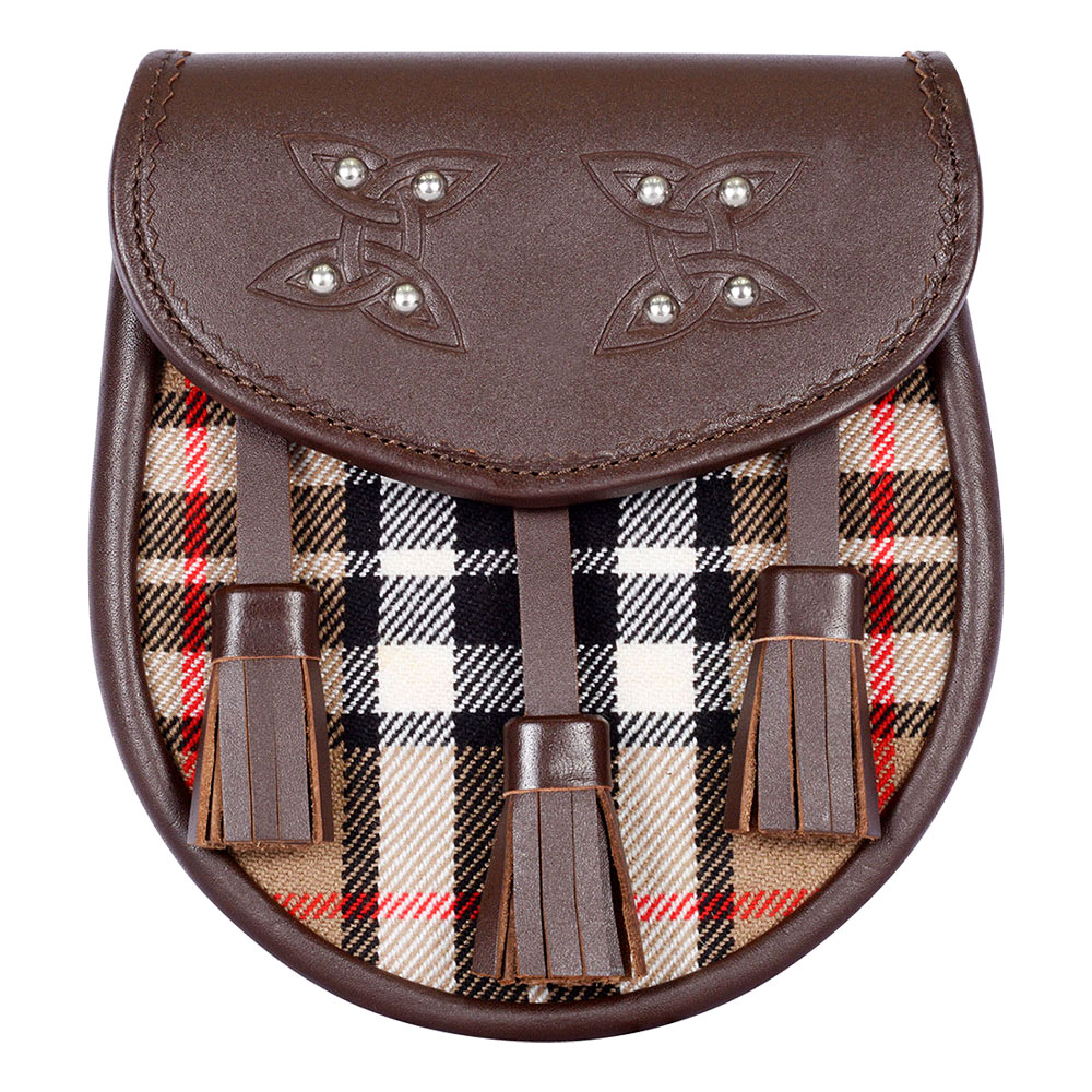 Campbell-of-Thompson-tartan-brown-leather-sporran-front Scottish Sporran Camel Thomson Tartan Brown Leather - Image 1