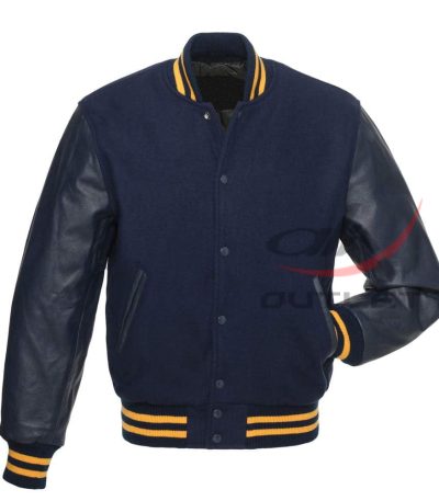Varsity Letterman Baseball Dark Blue Wool & Leather Sleeves