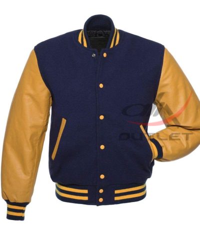 Letterman Jacket Dark Blue Wool & Leather Sleeves