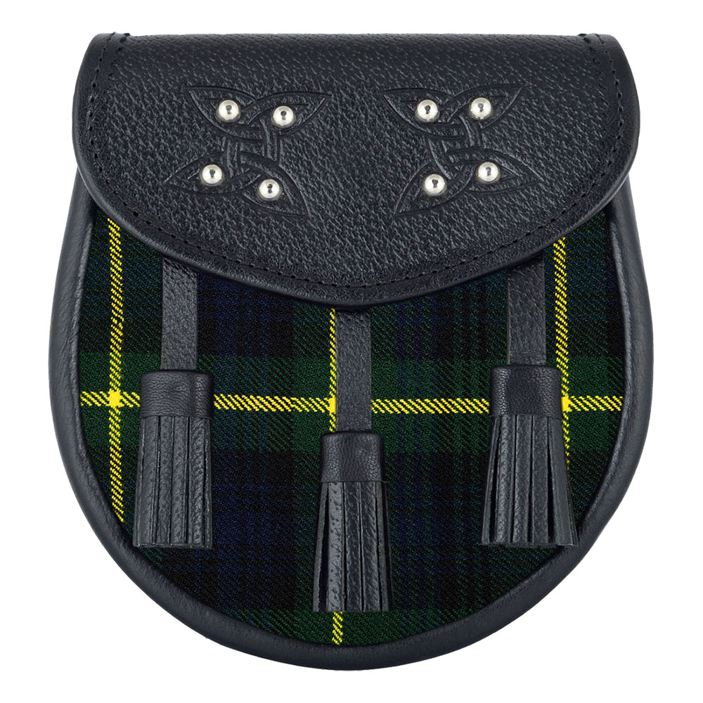 Gordon-tartan-black-leather-sporran-1.jpg Scottish Sporran Gordon Tartan Black Leather - Image 1