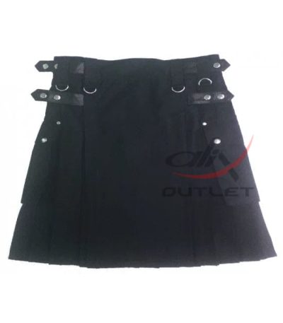 Ladies Utility Black Cotton Kilt with adjustable Leather Straps