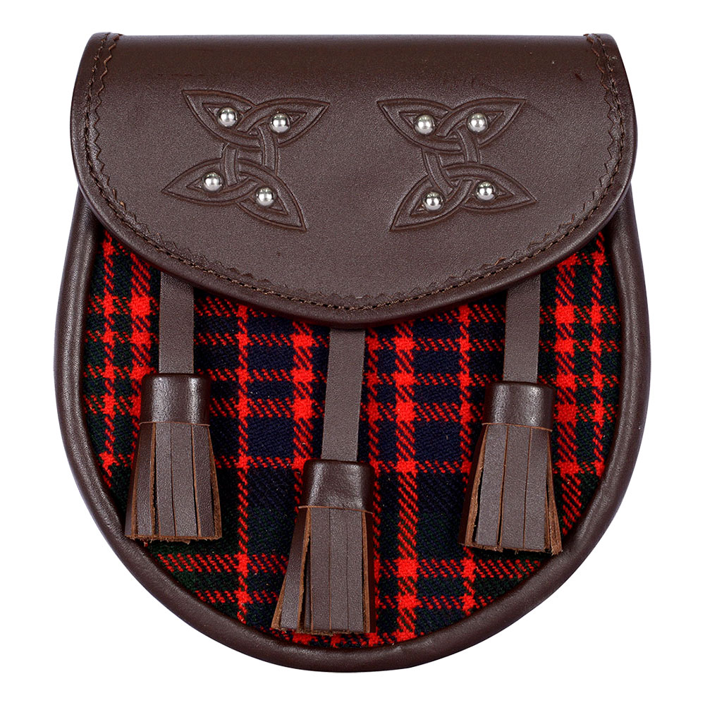 MacDonald-tartan-brown-leather-sporran-front Scottish Sporran MacDonald Tartan Brown Leather - Image 1