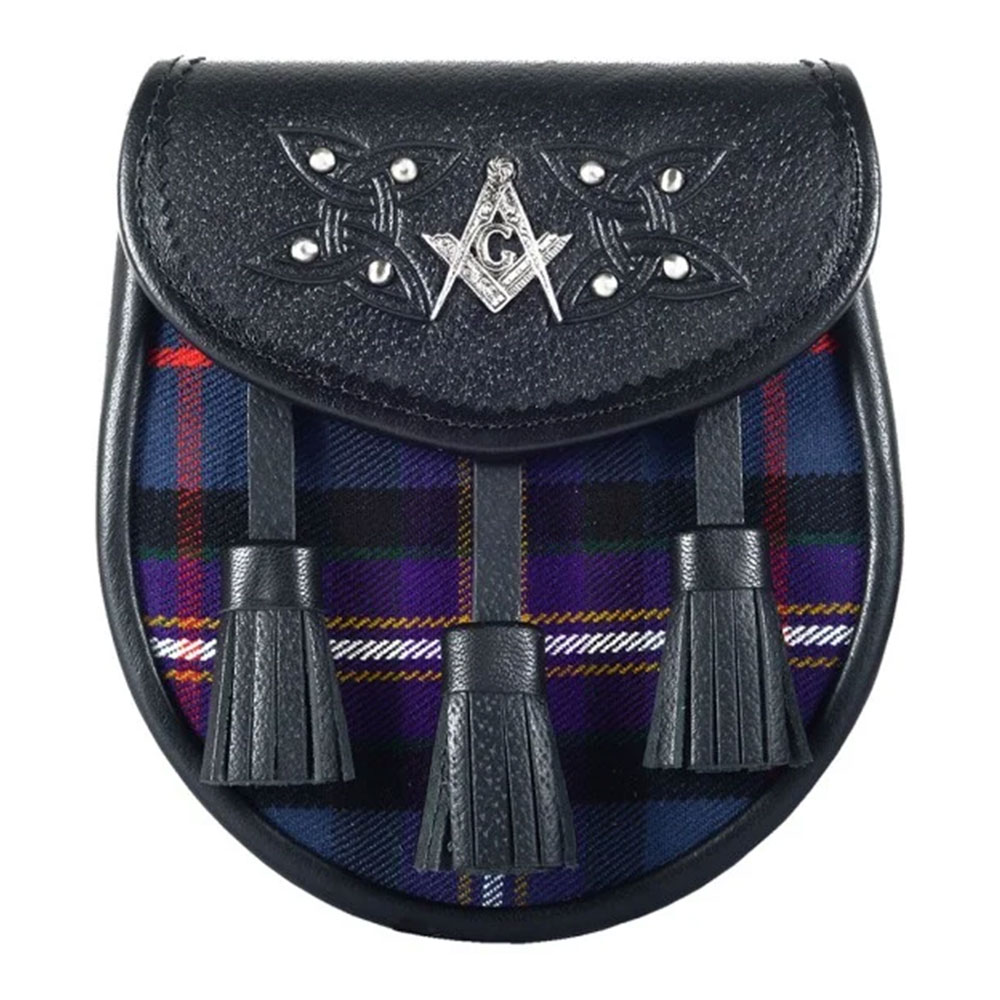 Masonic-Tartan-Black-Leather-Sporran Scottish Sporran Masonic Black Leather - Image 1