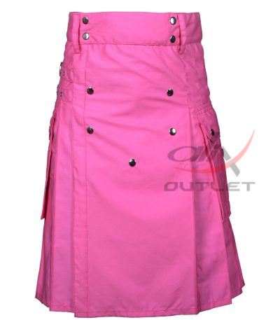 Pink Cotton Utility Kilt Front Buttons