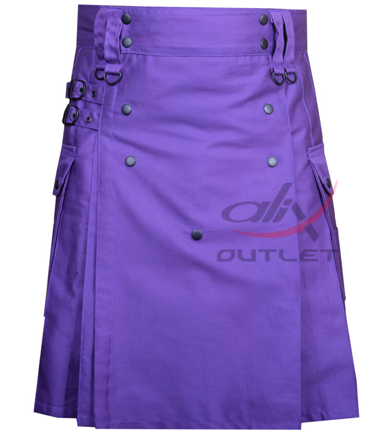 Men's Purple Cotton Utility Kilt with front Buttons