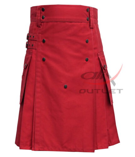 Men's Red Cotton Utility Kilt with front Buttons