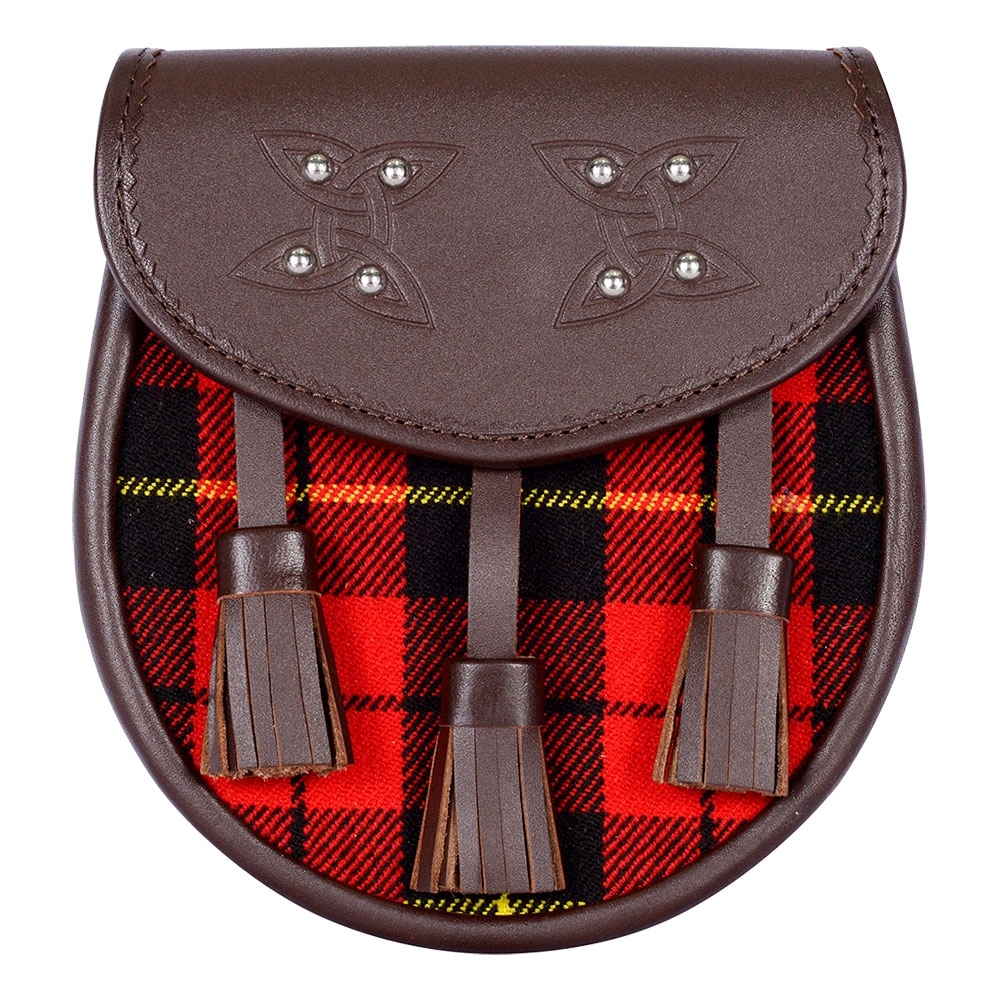 Wallace-tartan-brown-leather-sporran-front Scottish Sporran Wallace Tartan Brown Leather - Image 1