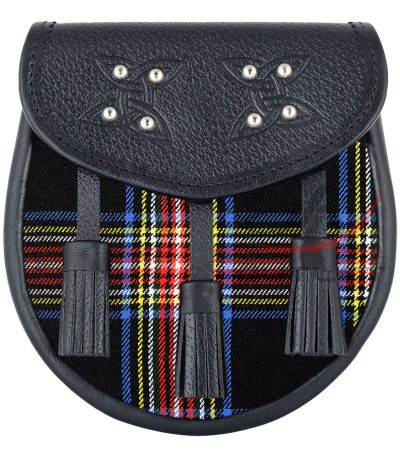 Scottish Sporran Black Stewart Tartan Black Leather