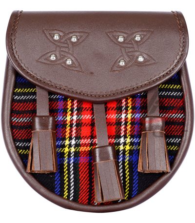 Scottish Sporran Black Stewart Tartan Brown Leather