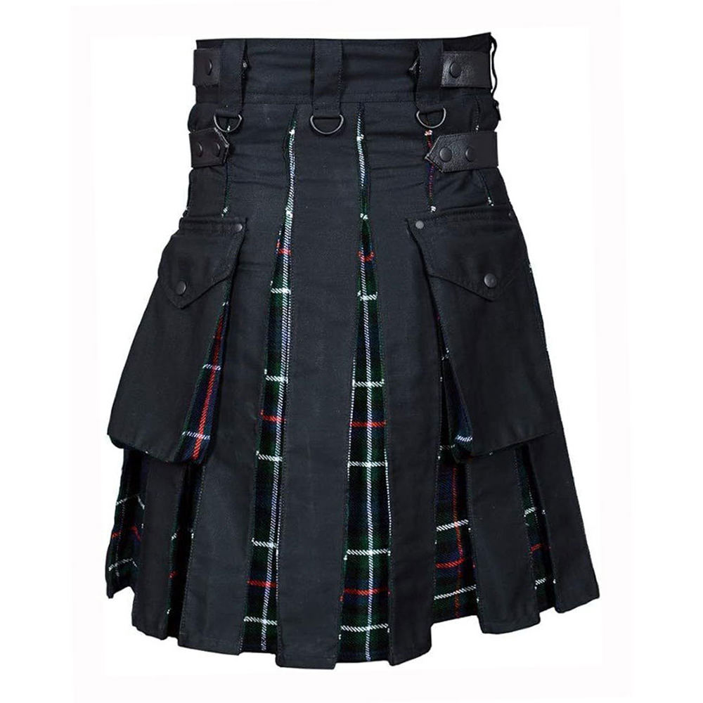 black-inner-mackenzie-tartan-kilt-back Hybrid Utility Kilts - Black Cotton & Mackenzie Tartan Kilt - Image 1