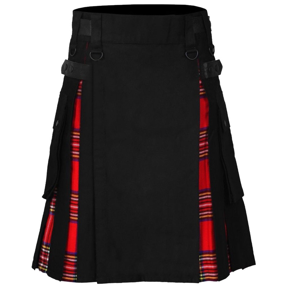 black-royal-stewart-inner-1 Hybrid Utility Kilts - Black Cotton & Royal Stewart Tartan Kilt - Image 1