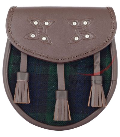 Scottish Sporran Black Watch Tartan Brown Leather
