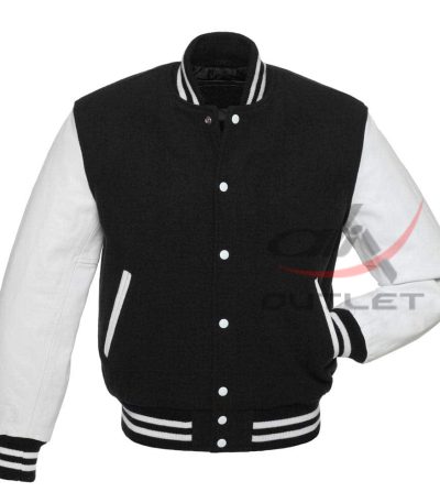 Baseball Jacket Black Wool & White Leather Sleeves