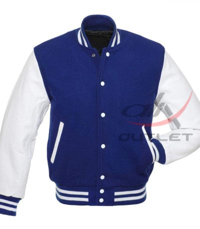 Baseball Jacket Royal Blue Wool & Leather Sleeves