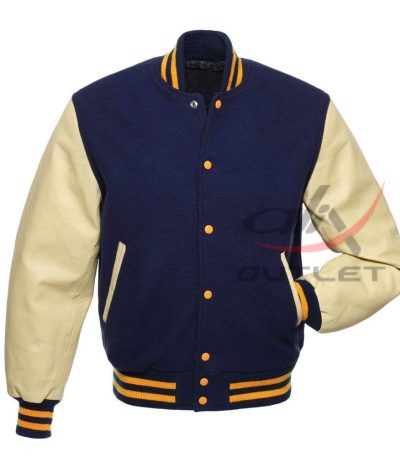 Letterman Dark Blue Wool Jacket with Leather Sleeves