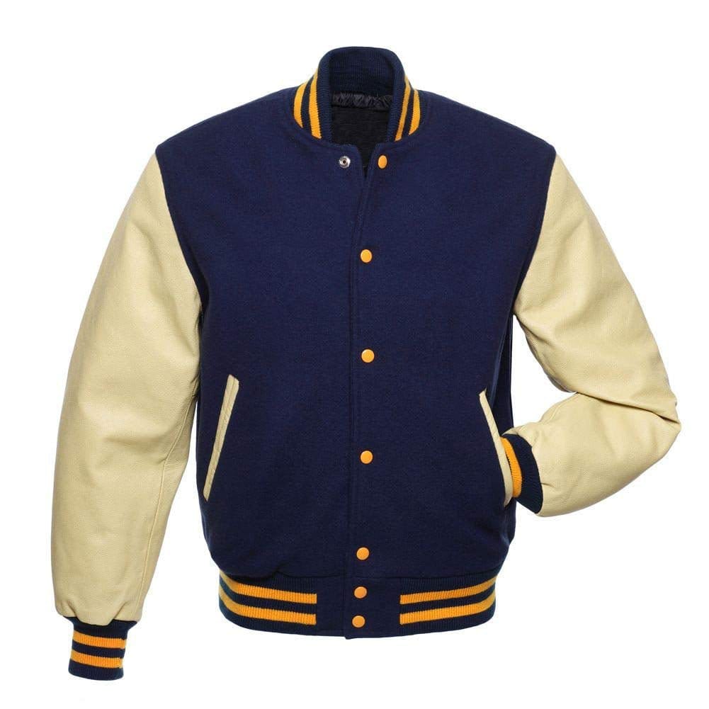 blue-white-Y-1.jpg Letterman Dark Blue Wool Jacket with Leather Sleeves - Image 1