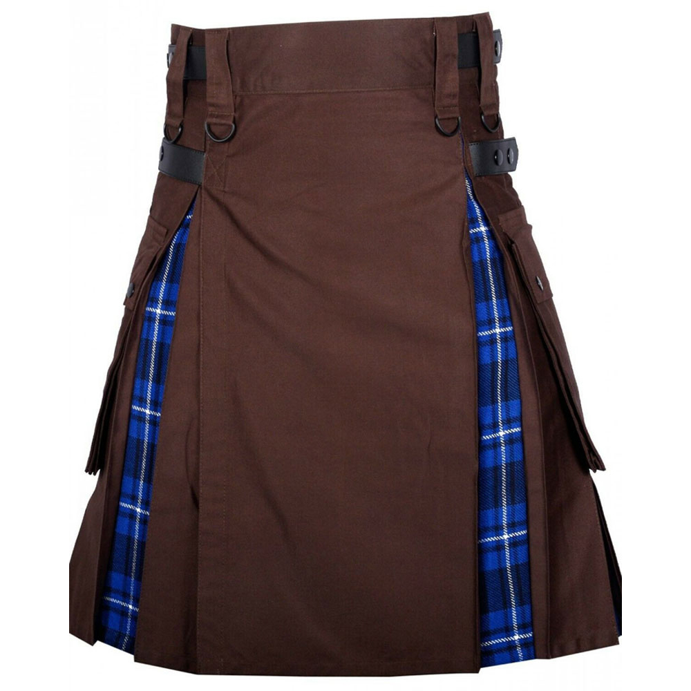 brown-cotton-inner-blue-tartan Hybrid Utility Kilts - Brown Cotton & Ramsey Blue Tartan Kilt - Image 1