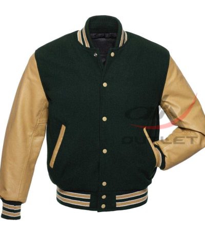 Letterman Jacket Dark Green Wool & Leather Sleeves