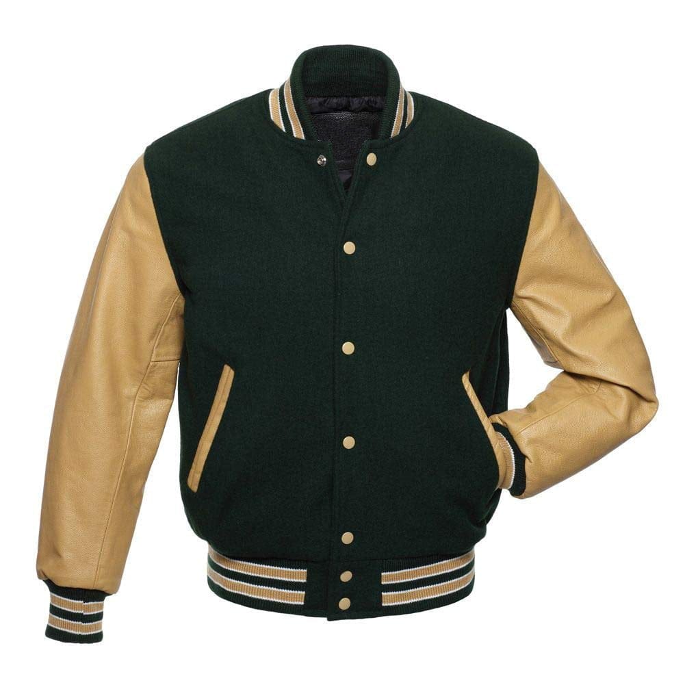 d-green-biege-1.jpg Letterman Jacket Dark Green Wool & Leather Sleeves - Image 1