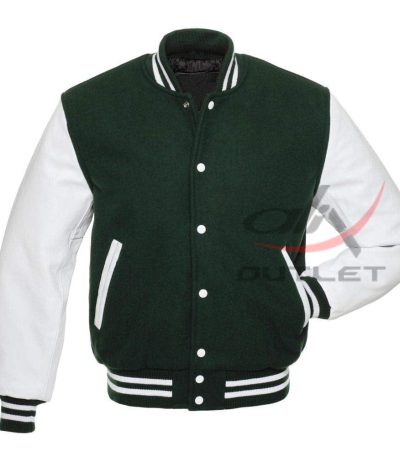 Baseball Jacket Dark Green Wool & Leather Sleeves