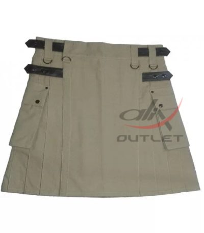 Ladies Utility Khaki Cotton Kilt with adjustable Leather Straps