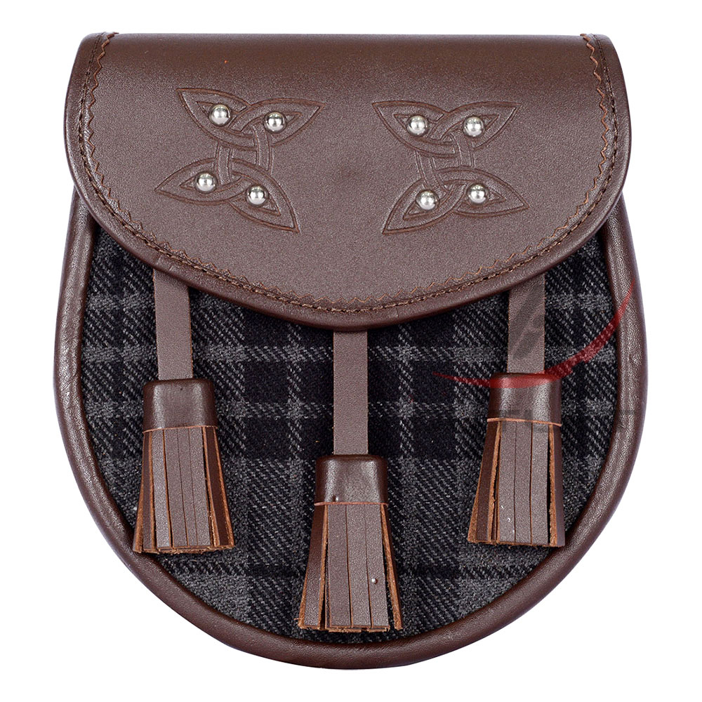gray-watch-tartan-brown-leather-sporran-front- Scottish Sporran Grey Watch Tartan Brown Leather