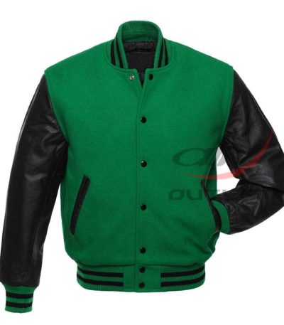 Varsity Letterman Baseball Green Wool & Leather Sleeves