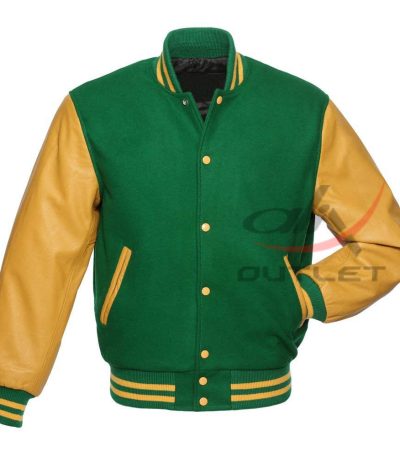 Letterman Jacket Green Wool & Leather Sleeves