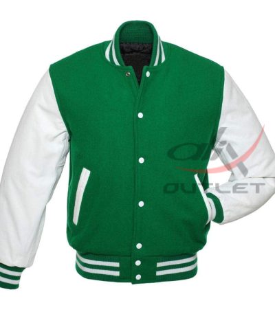 Baseball Jacket Green Wool & Leather Sleeves