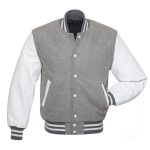 Baseball Jacket Grey Wool & Leather Sleeves