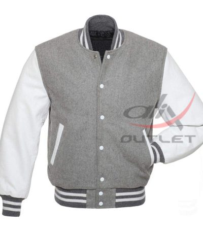 Baseball Jacket Grey Wool & Leather Sleeves
