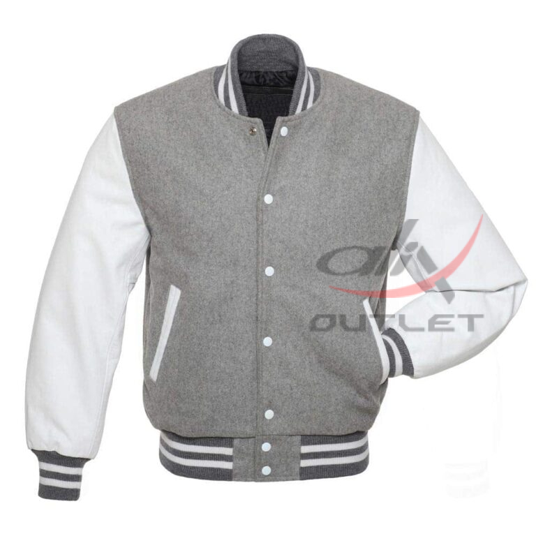 Baseball Jacket Grey Wool & Leather Sleeves