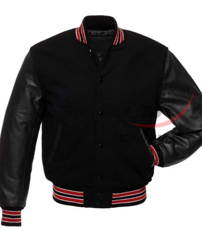 Varsity Jacket Black Wool & Leather Sleeves